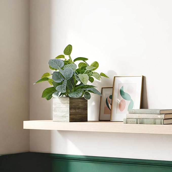 2 Pack Medium Fake Plants with 4 Inch Wooden Planters, 12" Tall Indoor Artificial Plants for Shelves, Desktop, Bedroom, Office Decor