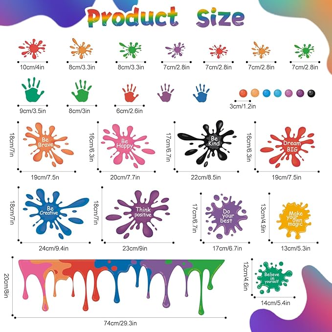 HLNIUC Large Size Inspirational Wall Decals 46PCS Positive Affirmation Ink Splatter Splotches Wall Sticker Growth Mindset Wall Decal Motivational Saying Peel and Stick Wall Stickers for Kid Playroom