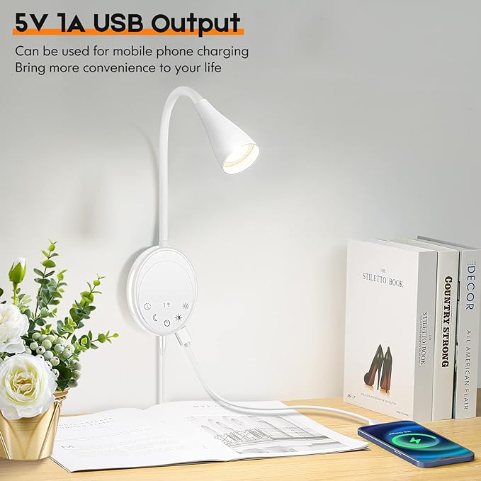 LED Wall Mounted Reading Light, Book Light for Reading in Bed with Touch Control, 5 Dimmable, USB Output, Night Light & Timers Function, Flexible Gooseneck Headboard Bed Lights (White)