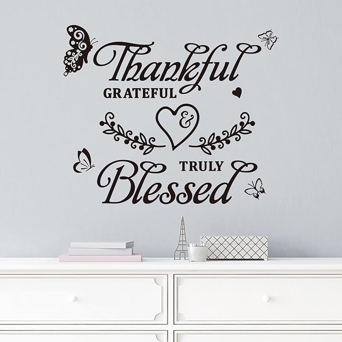 Family Wall Stickers for Living Room: Inspirational Home Quotes Vinyl Art Wall Decals for Kitchen Dining Room Bedroom Bathroom Apartment - Thankful Grateful Blessed 24" X 20"