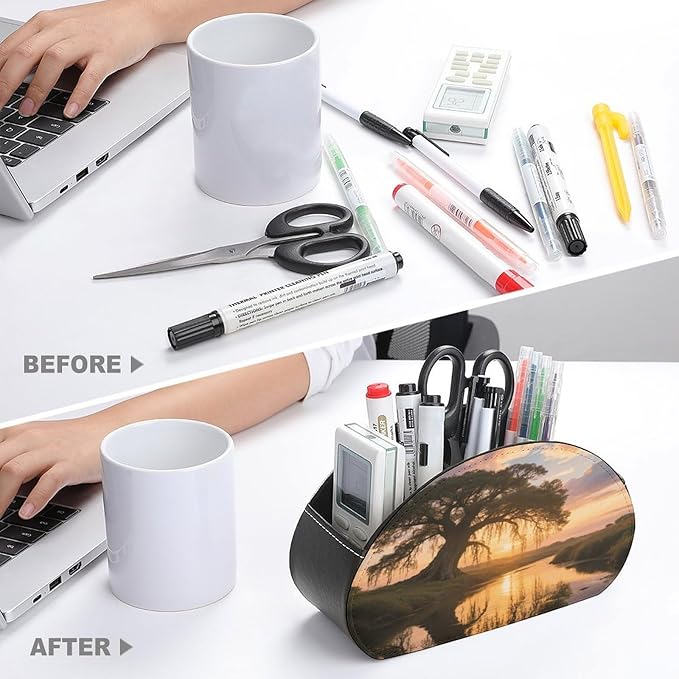 Big Trees in Sunset Remote Control Holder Organizer Box with 5 Compartment PU Leather Bedside Storage Caddy Remote Organizer for Controller Media Player Pen/Pencil Storage
