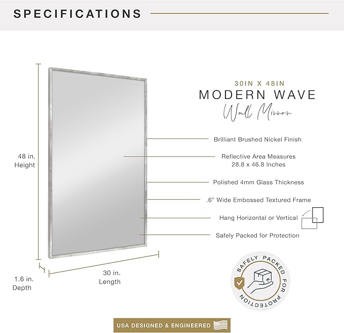 MCS Micro Rope Front Loaded Wall Mirror, (30x48, Brushed Nickel)