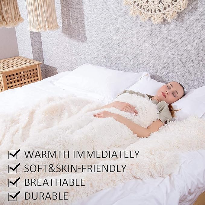 YUSOKI Long Faux Fur Twin Size Blanket,2 Layers,3.4lb for Bed Couch Home Décor Gifts Women (Cream White,60" x 80")