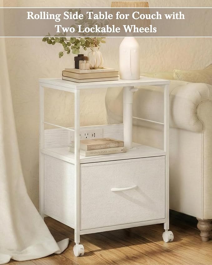 360° Swivel Nightstand with Height Adjustable, Lift Top Bedside Table with Charging Station, Rolling Night Stand with Fabric Drawer, End Table with Wheels, for Bedroom, Living Room, White