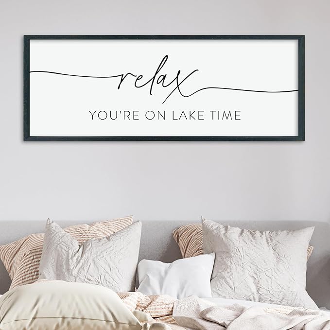 LuZhiQiang Home Wall Decor Relax You're On Lake Time Sign 40"×15" Living Room Minimalist Plaque for Lake House Bedroom Large Wood Framed Hanging Wall Art (Black)