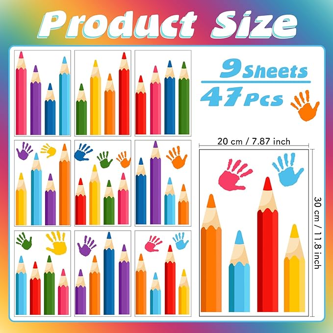 Colorful Pencils Wall Decals - 9 Sheets 47 Pcs Colored Handprint Pencil Wall Stickers Educational Peel and Stick Wall Decor for Back to School Classroom Playroom Living Room Nursery