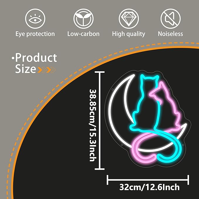 Moon Cat Neon Signs for Wall Decor, Cute Cat Led Sign, USB LED Light Sign for Bedroom Decor, Neon Sign Gift for Girls, Light Up Sign for Birthday Party Decoration
