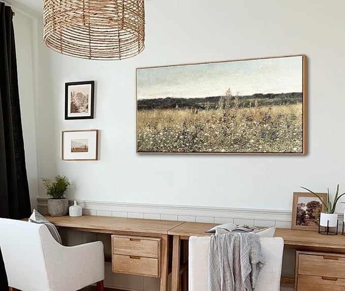DJSYLIFE Framed Wall Art Decoration, Vintage Wildflower Field Canvas Wall Art, Classical Flowers Landscape Painting Prints, Farmhouse Cottagecore Living Room Decor, Modern Home Bedroom Decor 20"x40"