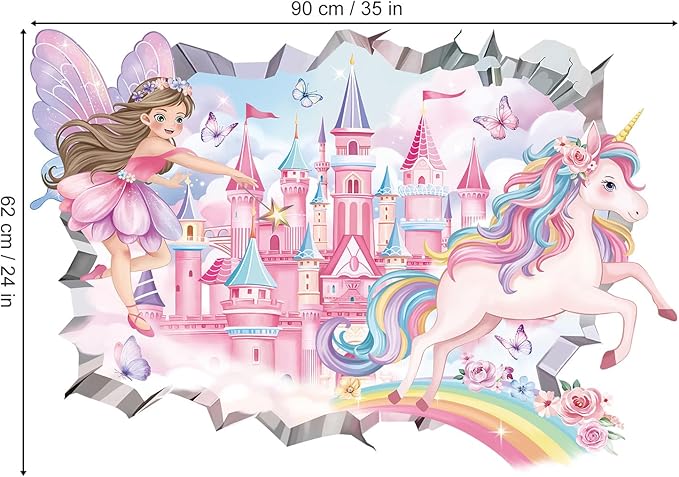 decalmile 3D Fairy Princess Wall Decals Castle Unicorn Crack Hole Rainbow Wall Stickers Girls Bedroom Baby Nursery Kids Room Wall Decor