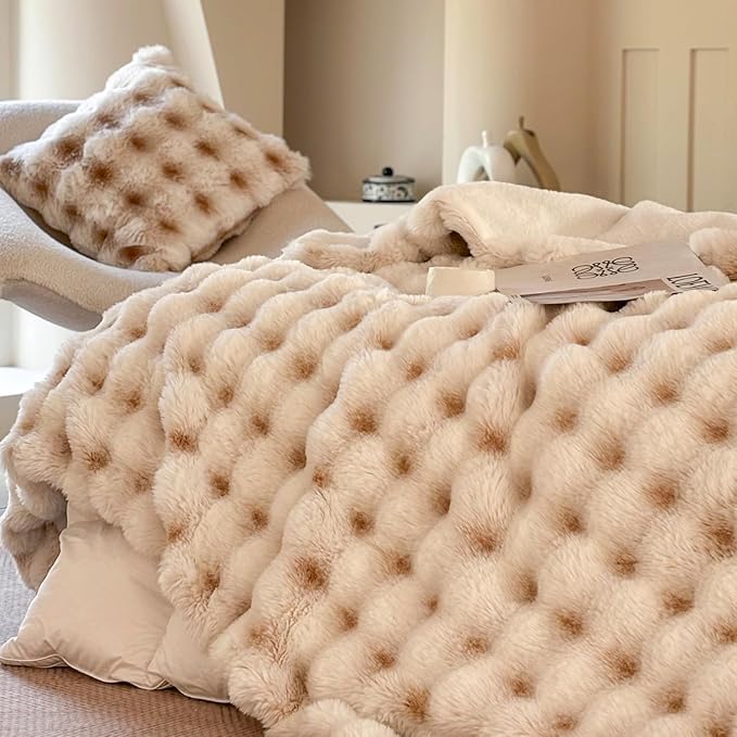 Luxury 1000GSM Throw Blanket, 60x80 Inches, Ultra Soft Double-Sided 3D Bubble Textured Faux Rabbit Fur, Frosted Khaki & White, Reversible High-Density Plush Warm Blanket for Sofa & Bed