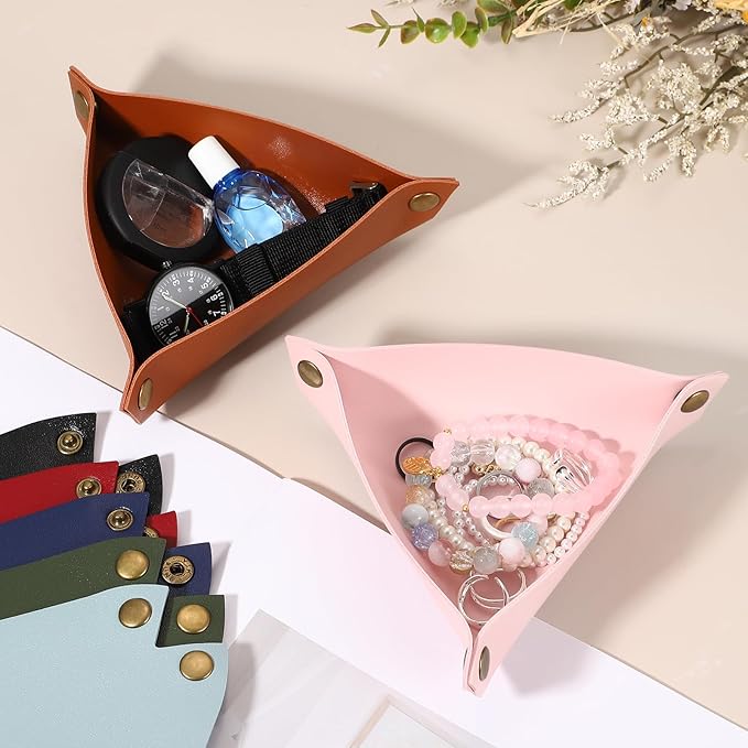 uxcell 2 Pcs Valet Tray for Women and Men, PU Leather Jewelry Tray Entryway Table Bedside Nightstand Catchall Storage Organizer for Jewelry Key Coin Watch Wallet (Triangle, Sky Blue)
