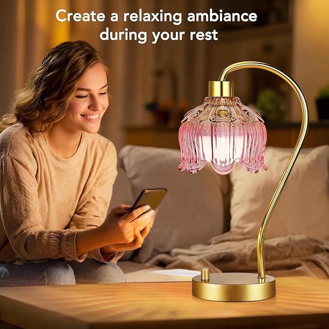 Pink Table Lamp Set of 2,Small Gold Bedside Lamps Dimmable Boho Bedroom Lamp with Tulip Flower Glass Lamp Shade,Vintage Mid Century Modern Mini Nightstand Lamp for Bedroom Living Room