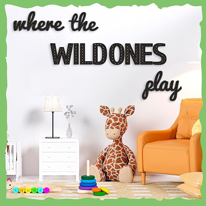 Where the Wild Ones Play Nursery Sign Wooden Playroom Wall Decor Playroom Decoration Word Play Room Sign for Wall Plaques(40 Inch,Black)