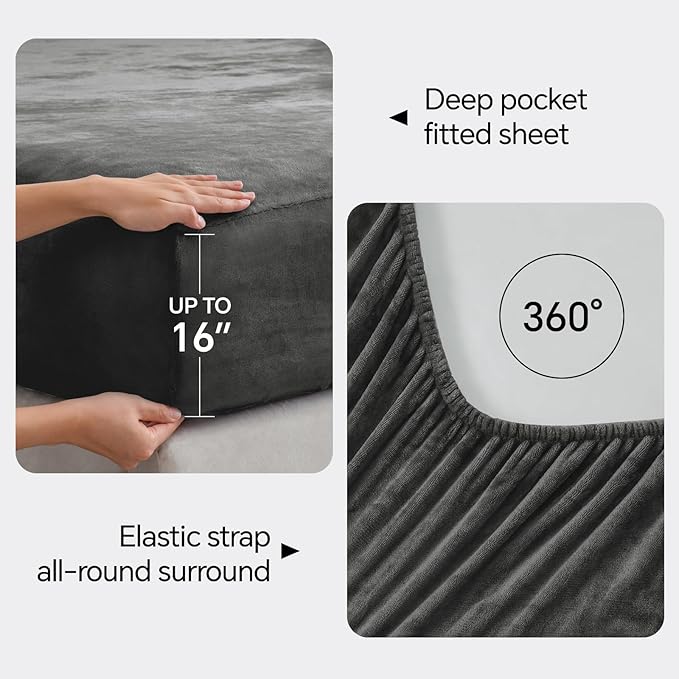 BEDELITE Flannel Sheets King Size Dark Grey - Super Soft Fleece Sheets Set Fluffy Extra Plush, 4 Piece(Include Fitted Sheet, Flat Sheet, 2 Pillowcases)