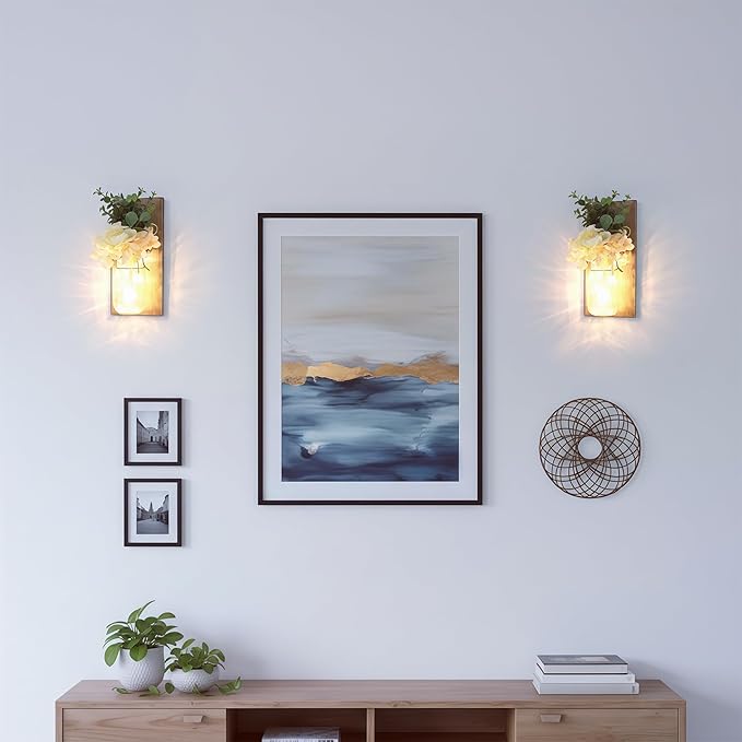 Besuerte Farmhouse Wall Decor for Living Room Rustic Mason Jar Wall Sconces Set of 2 for Home Living Room Bedroom Decorations with Rose Bouquet Flowers and Remote LED Fairy Lights (Large Jacobean)