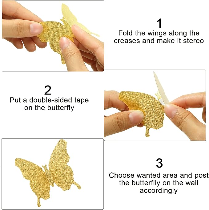 BBTO 48 Pieces Butterfly Wall Decor DIY 3D Mirror Butterfly Stickers Removable Decals Crafts for Birthday Party Bedroom School Bathroom Living Room Decor(Glitter Gold)