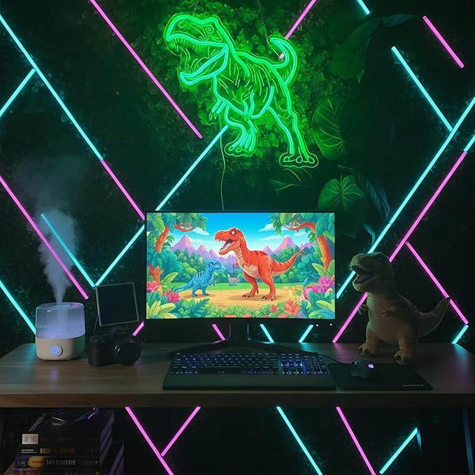 Dinosaur Neon Sign for Wall Decor, USB Dimmable Green LED Night Light for Boys Bedroom, Jurassic Party Decorations, Birthday, Halloween and Christmas Gift, 15.5 x 13 inch