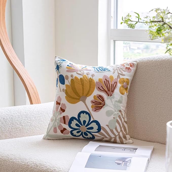 YIcabinet Pillow Covers Set of 2, Embroidered Flower Pattern Throw Pillow Cover,Square Cotton Cushion,Pillow Case for Sofa Bedroom Couch,18"x18"