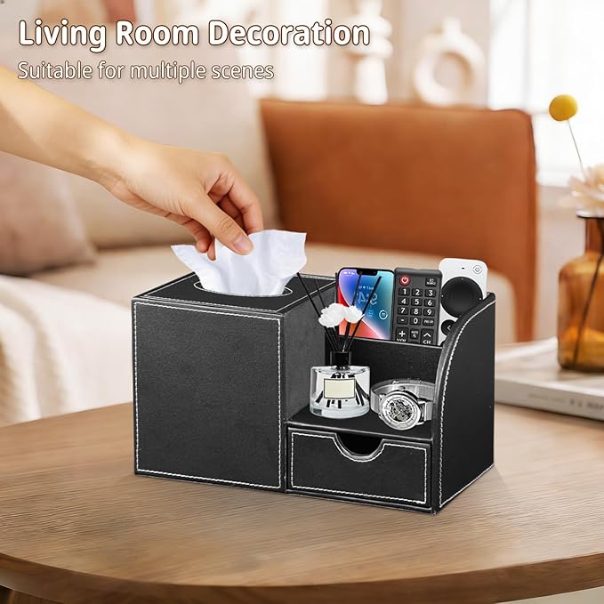 Nightstand Organizer with Tissue Holder,PU Leather Square Tissue Box Cover,Modern Facial Paper Organizer Storage Box for Remote Control,Bathroom,Vanity Countertop,End Table Home Office.Black