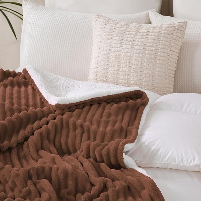 Chocolate Sherpa Fleece Throw Blanket 60”×80” for Couch Sofa Bed,Super Soft Cozy Plush Double Side Thick Flannel Blanket with Striped Design Lightweight for Adults,Woman,Girls