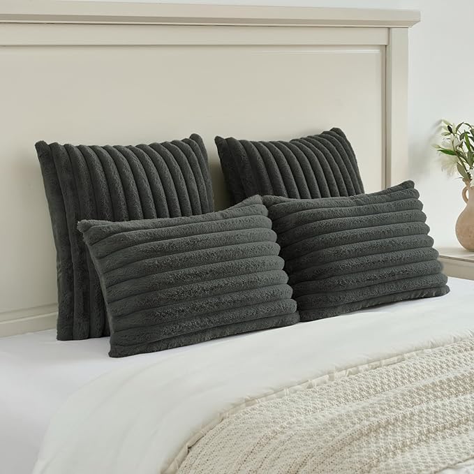 FUTEI Dark Grey Decorative Throw Pillow Covers Set of 2, 28x28 Inch Soft Fluffy Faux Fur Plush Striped Euro Pillow Shams, Modern Home Decor for Couch Bed Living Room