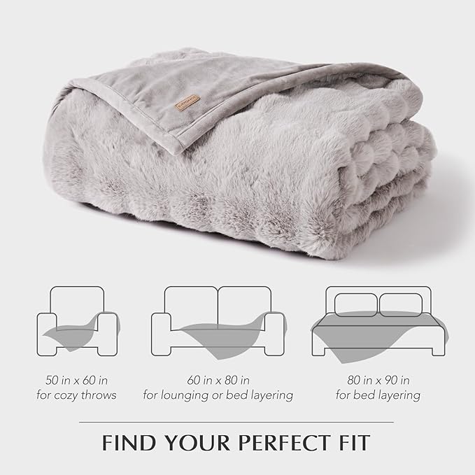 EverGrace Ultra Soft Luxury Fluffy Faux Rabbit Fur Throw Blanket, Thick Warm Bubble Throw for Bed, Cozy Plush Reversible Blankets for Couch, Chair, Sofa, Taupe, 60x80 Inches
