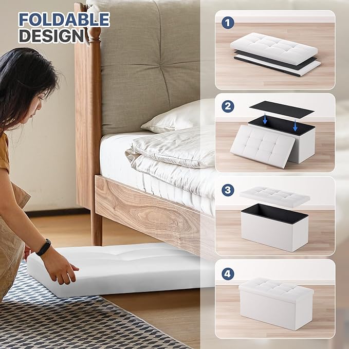 MoNiBloom 30 Inch Storage Ottoman Bench, 24 Gal. Folding Ottoman Footrest, End of Bed Bench, Rectangle Foot Stool, Supports 600 lbs, for Bedroom, Living Room, Entryway, Hallway, White