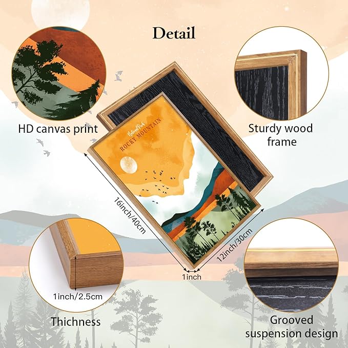 CHDITB National Parks Framed Wall Art Set Of 3,Vintage Artwork Grand Canyon Wall Decor, Yosemite Mountain Wall Painting,Watercolor Nature Art Prints For Bedroom Living Room Office Decor(12X16 Inch)
