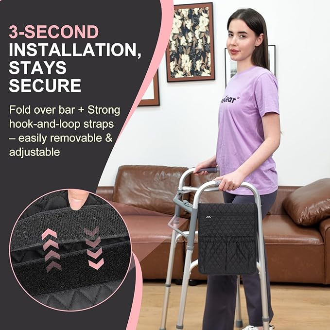supregear Walker Bag, Universal Seniors Caddy Organizer with Multiple Pockets, Lightweight Accessories for Elderly, Rollators, Wheelchairs and Bedside Rails, Easy to Use Storage Pouch, Black