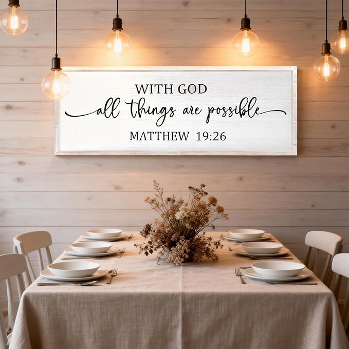 With God All Things are Possible Framed Wall Art, 40''×15'' Vintage Holy Religious Rustic Bible Verse for Christian God Jesus Christ Prayer, Positive Horizontal Inspirational Catholic Scripture Decor