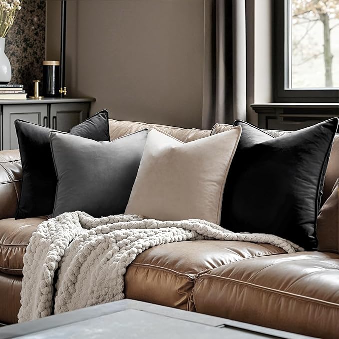 MIULEE Black Velvet Throw Pillow Covers 24x24 Soft Decorative Solid Square Euro Sham Cushion Cases Pack of 2 Modern Luxury Home Decor for Couch, Sofa, Bedroom