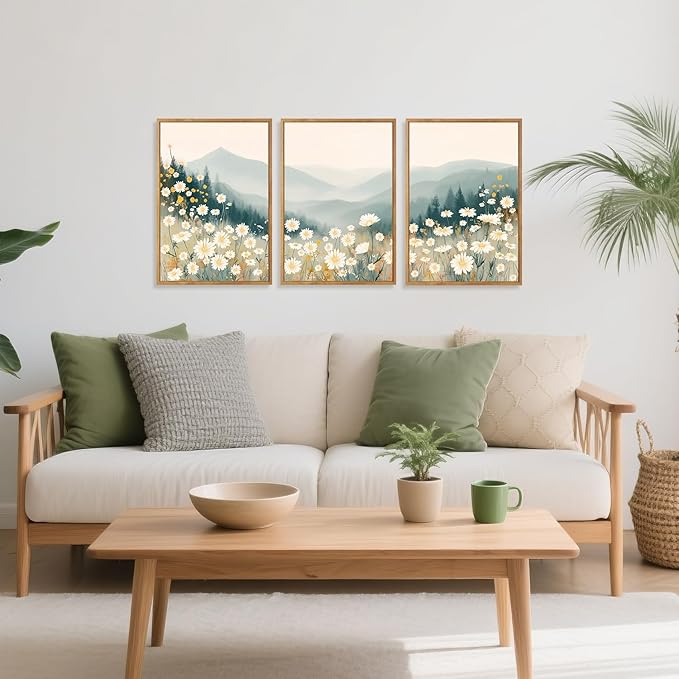 CHDITB Daisy Wall Art, Abstract Misty Mountain Wall Decor, Mountainside Daisies Wall Painting, Farmhouse Flowers artwork Nature Floral Landscape Art Prints for Living Room Bedroom Decor 12"X16"x3