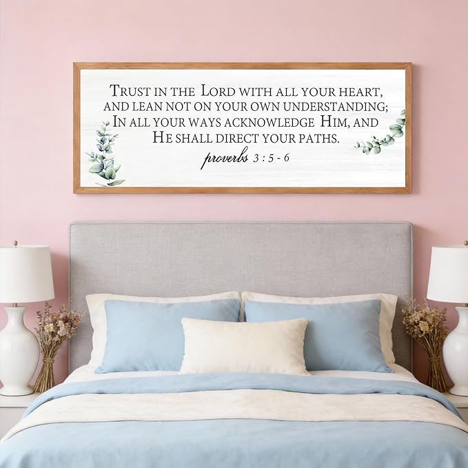 Trust in the Lord with All Your Heart Wall Art: 40"x15" Framed Bible Verse Wooden Sign, Proverbs 3:5–6 Christian Wall Decor, Large Rustic Scripture Home Decor, Natural