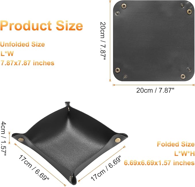 HARFINGTON 2pcs PU Leather Valet Tray Unisex Folding Small Catchall Tray Portable Entryway Table Tray Nightstand Bedside Desk Tray for Key Wallet Watch Coin Jewelry Dice, Black