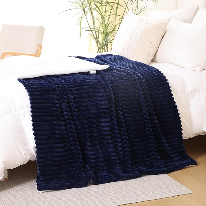 Navy Blue Sherpa Fleece Throw Blanket 50”×60” for Couch Sofa Bed,Double Side Soft Fuzzy Cozy Plush Thick Flannel Blanket with Striped Design Gift for Adults,Woman,Girls
