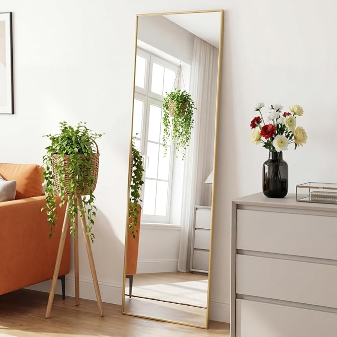 DUMOS Full Length Mirror 15.5"x 56" for Bedroom, Full Body Mirror with Stand, Hanging or Leaning for Wall, Aluminum Alloy Thin Frame Floor Standing for Living Room, Long, Gold