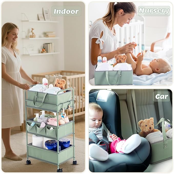 Honeydak 2in1 Baby Diaper Caddy Organizer Cart 3 Tier Large Capacity Metal Utility Bedside Rolling Cart with Divider Newborn Registry Nursery Essential Must Have Crib Bedroom Baby Shower(Green)