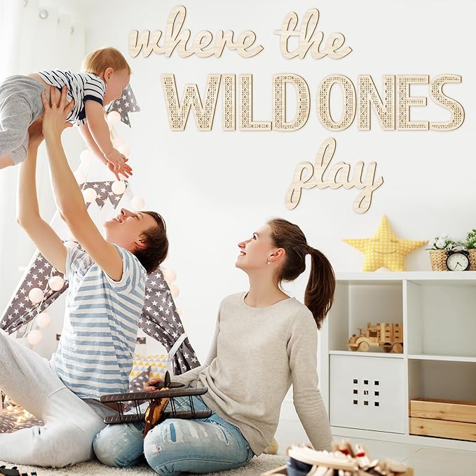 Where the Wild Ones Play Nursery Sign Wooden Playroom Wall Decor Playroom Decoration Word Play Room Sign for Wall Plaques(23 Inch,Wood Color)
