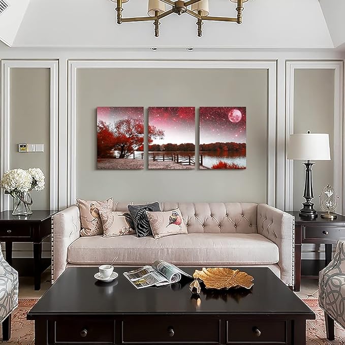 Wall Art For Living Room Large Size Wall Decor For Bedroom Room Wall Pictures Artwork Abstract Red Tree Moon Landscape Paintings Modern Office Decor Home Decorations For Kitchen 20" X 28" 3 Pieces