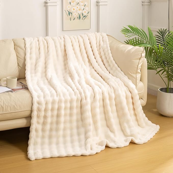 YUSOKI Luxury 3D Bubble Light Weighted Throw Blanket 1.8lb,All Ages,Home Decoration, (Ivory,50 * 60inches)