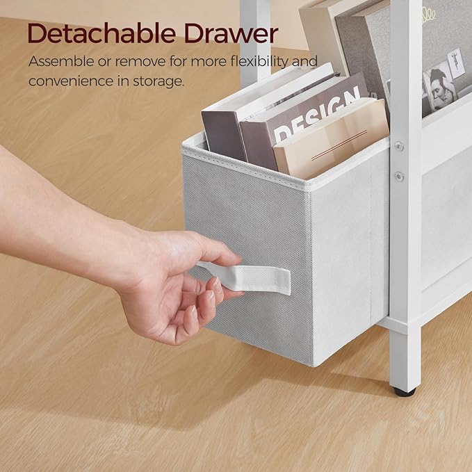 Narrow Side Table with Charging Station, Slim End Table with Fabric Storage, Skinny Nightstand for Small Spaces, Thin Bedside Table for Living Room, Bedroom, White ETBW125E01