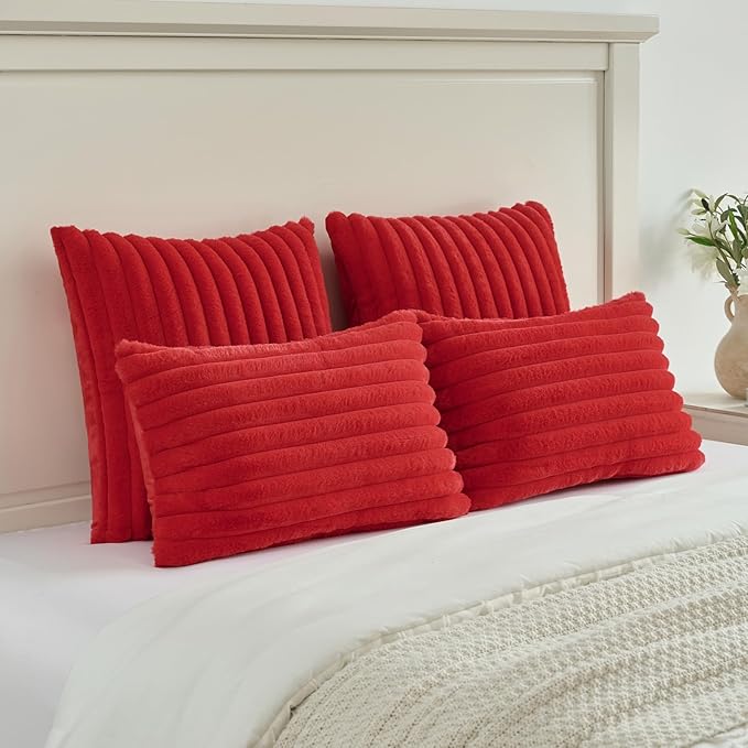 FUTEI Red Decorative Throw Pillow Covers Set of 2, 28x28 Inch Soft Fluffy Faux Fur Plush Striped Euro Pillow Shams, Modern Home Decor for Couch Bed Living Room