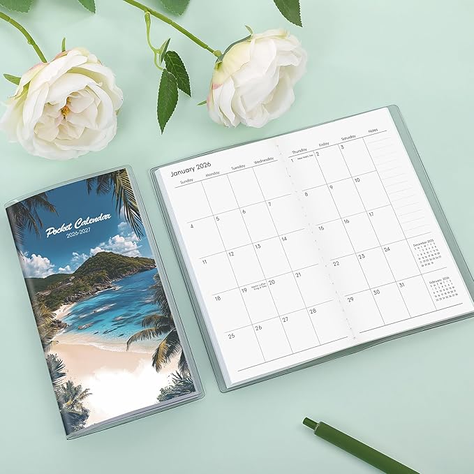 Pocket Calendar 2026-2027, Small Monthly Planner 2025-2027 - 3.7" x 6.7" - Runs from January 2026 Until December 2027, Pocket Calendar 2026 with Beach Cover for Planning
