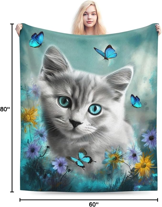 Cute Cat with Blue Butterfly Throw Blanket - Ultra Soft Cozy Fleece Kitten Blanket for Girls, Women & Kids - 60"x80" Cat Lover Gifts