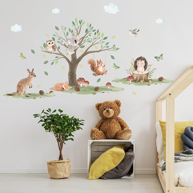 HLNIUC Jungle Animals Tree Double Sided Wall Decal(35”x24”)Safari Kangaroo Owl Squirrel Wall Sticker,Forest Koala Fox Bird Window Cling,Cartoon Woodland Hedgehog Room Stickers for Kids Bedroom,Nursery