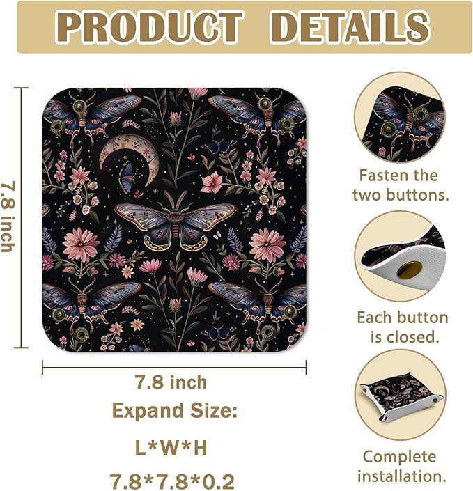 Butterfly Gifts Leather Jewelry Valet Tray,Gothic Moody Dark Cottagecore Butterfly Floral PU Leather Catchall Beside Caddy Nightstand Organizer Tray for Jewelry Rings Watches Keys,7.8x7.8inch