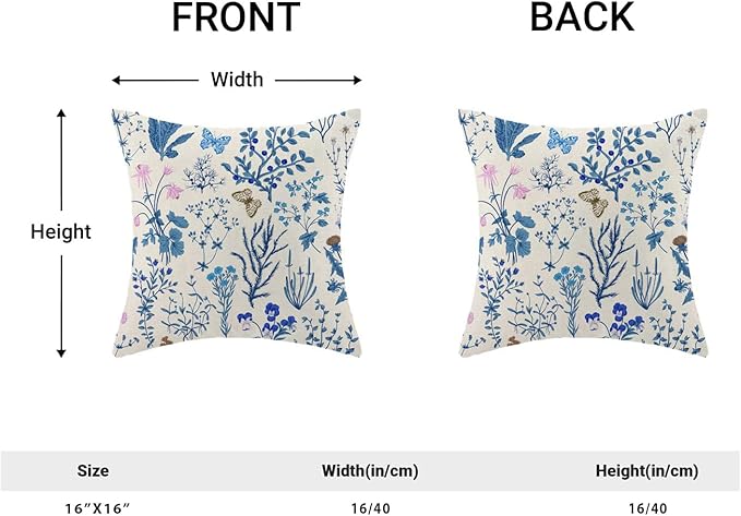 AEIOAE Summer Pillow Covers 16x16 Inch Set of 2,Blue Wild Flower Plant Throw Pillows Case,Seasonal Floral Outdoor Decorative Square Linen Farmhouse Decor Cushion Covers for Home Sofa Bed Couch