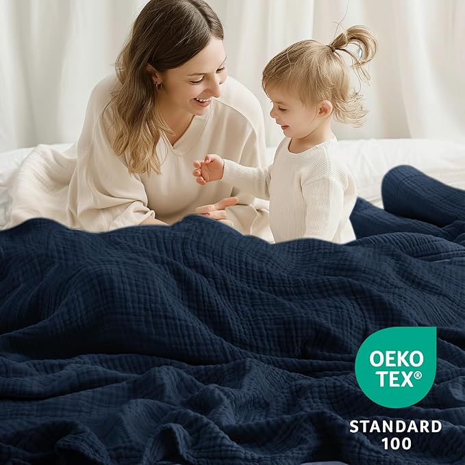 100% Cotton Muslin Blanket Twin 60" x 80", Breathable and Lightweight Cotton Twin Blankets for Couch, Soft Cooling Summer Gauze Blanket for Adults All Season, Navy Blue