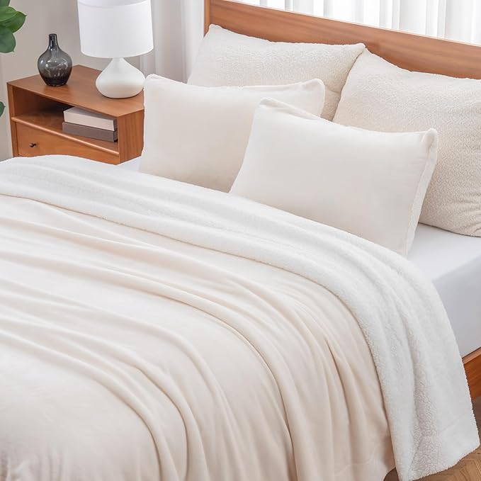 Berkshire Blanket-Sherpa Fleece Blanket, Warm and Soft Loftmink Reversible Blanket for Bed, Sofa and Travel, Cream, 90 in x 108 in