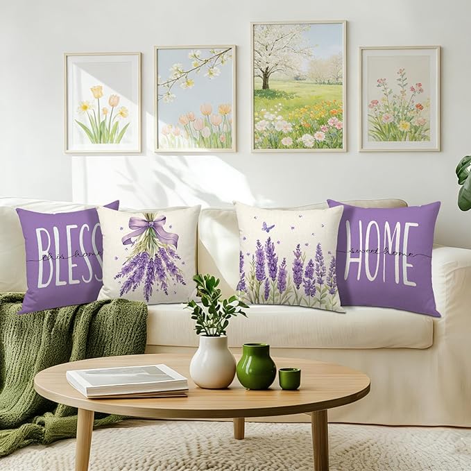 Spring Pillow Covers 18x18 Inch Set of 4 Lavender Home Sweet Home Purple Throw Pillows Decorative Pillow Cases Summer Seasonal Farmhouse Decorations for Sofa Couch